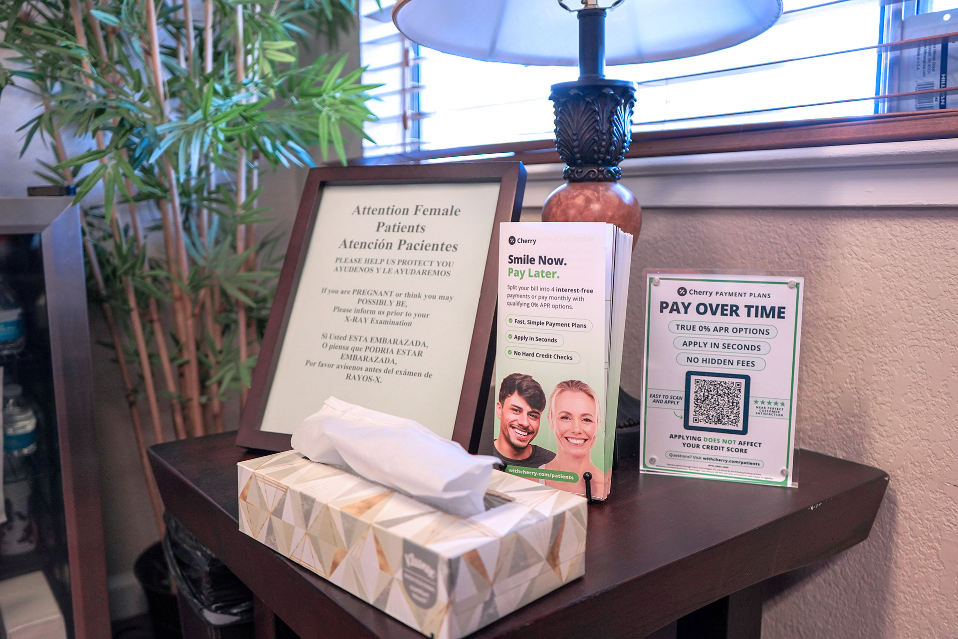 Dental office lobby display showing financing options for patients.