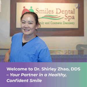 Portrait of Dr. Shirley Zhao, DDS, a female dentist in blue scrubs, smiling in front of the Smiles Dental Spa sign, which features "Family and Cosmetic Dentistry."