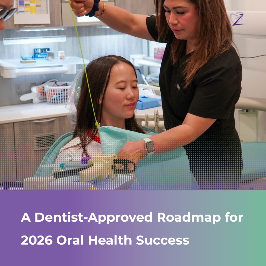 A dental professional at Dr. Shirley Zhao’s office in Tracy, CA, assisting a patient in the dental chair, overlaid with text reading "A Dentist-Approved Roadmap for 2026 Oral Health Success."