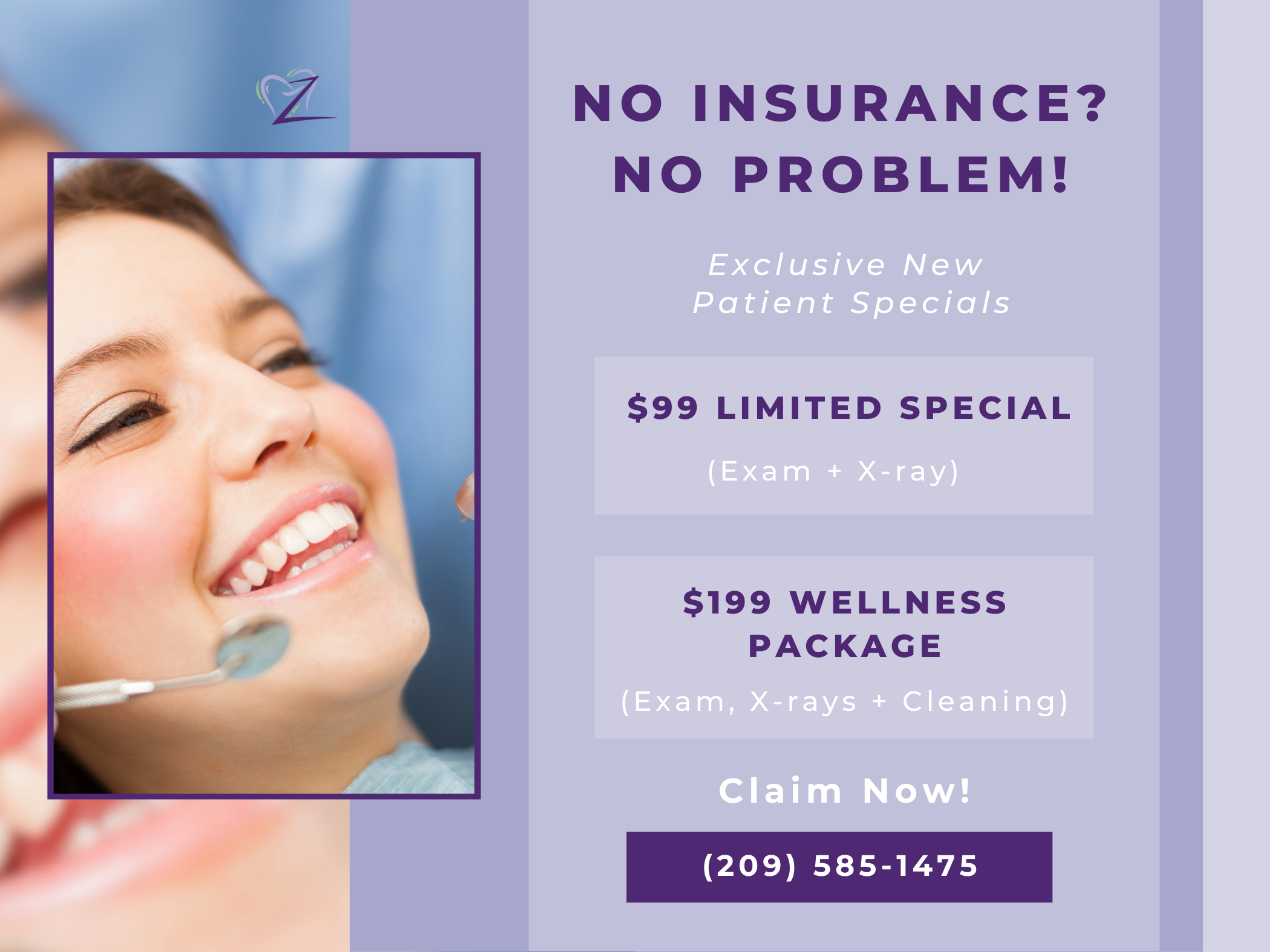 New patient dental special for patients without insurance at Dr. Shirley Zhao’s dental office featuring a woman with a bright smile.