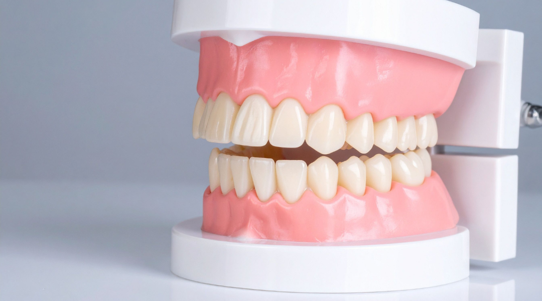 A dental model displaying a set of full dentures on a clean, light grey background, showcasing natural-looking teeth and gum-colored acrylic.