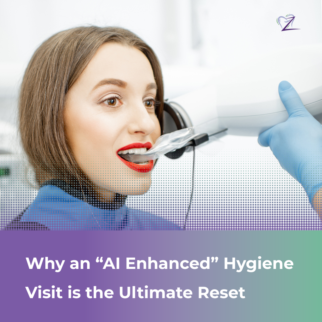 A dental hygienist in Tracy, CA, using an AI-powered diagnostic screen to show a patient a detailed digital map of their oral health.