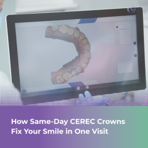 A side-by-side comparison of a patient’s smile before and after receiving a CEREC same-day dental crown.